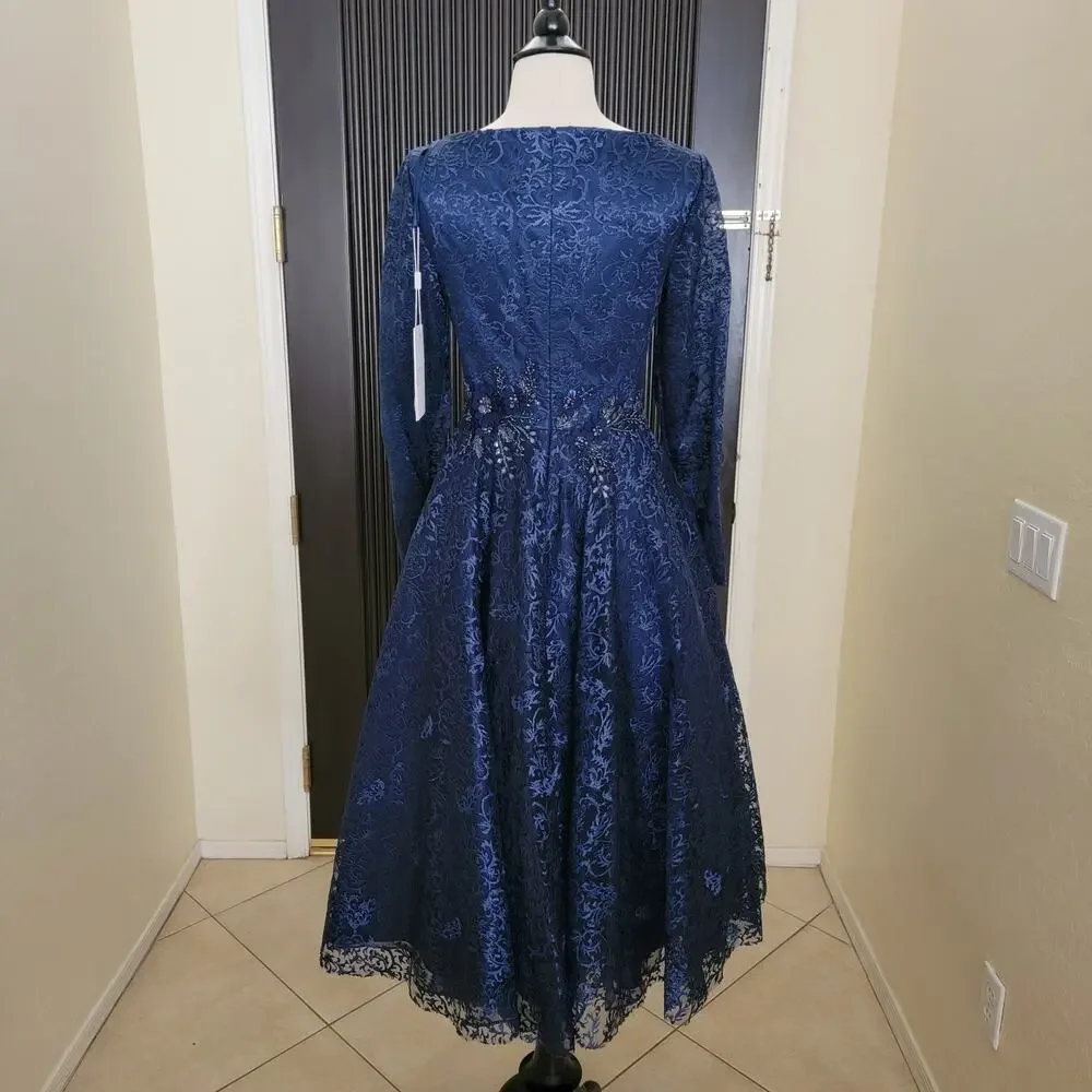 Mac Duggal 112181 Navy Blue Long Sleeve Floral Midi Tea Length Formal Dress 4 - Picture 10 of 11